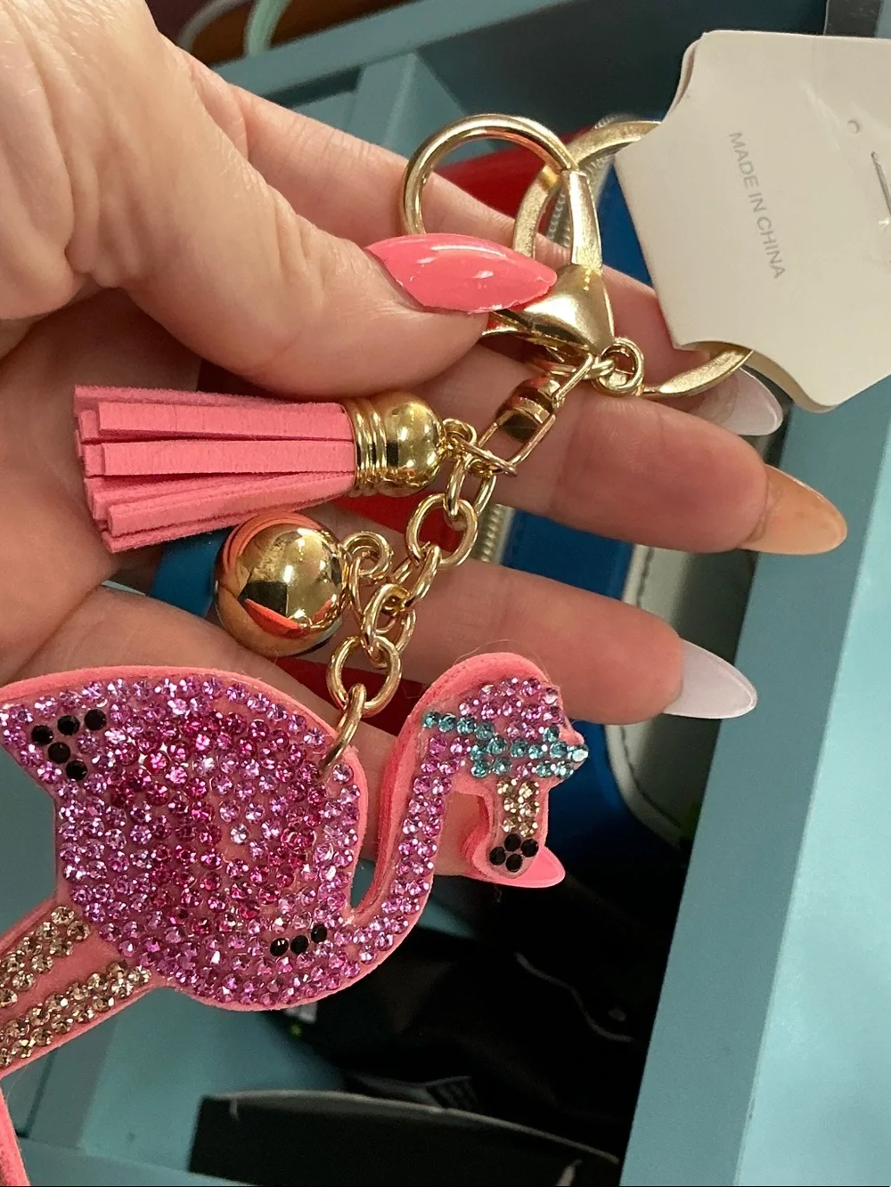 Fashion Jewelry Pink Rhinestone Flamingo Keychain with Gold Hardware